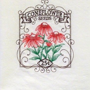 Machine Embroidered High Quality flour sack towel SEED PACKET CONEFLOWER cotton tea kitchen dish towel Garden Spring Flowers gardener