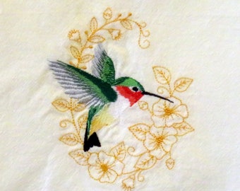 Machine Embroidered Green Red HUMMINGBIRD and FLOWERS High Quality flour sack towel dish, tea, kitchen towel spring Bird Others available