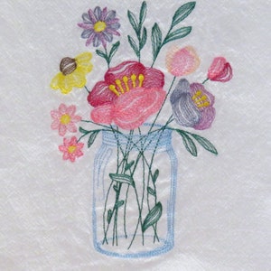 Machine Embroidered FLOUR SACK TOWEL Dainty Blooms Bouquet flowers Canning, Ball, Mason Jar Farmhouse style, Dish, Tea, Kitchen Towel