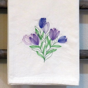 Machine Embroidered FLOUR SACK TOWEL Garden Flower Bouquet Crocus purple gardening Farmhouse style, Dish, Tea, Kitchen Towel Spring Flowers