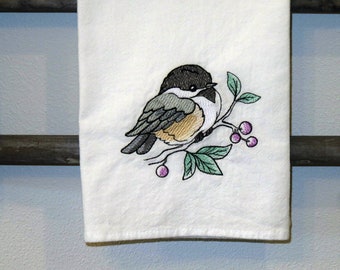 Machine Embroidered High Quality Cotton Flour Sack Towel CHICKADEE spring Kitchen, Dish, Tea towel tree berries Embroidery bird fowl branch