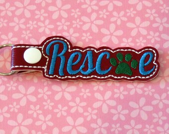 Machine embroidered KEY FOB paw print RESCUE key chain luggage tag cats dogs animal rescue marine vinyl