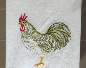 Machine Embroidery Flour Sack Towel Rooster Left Facing Farmhouse country style tea, dish, kitchen towel chicken baking chef cooking towel