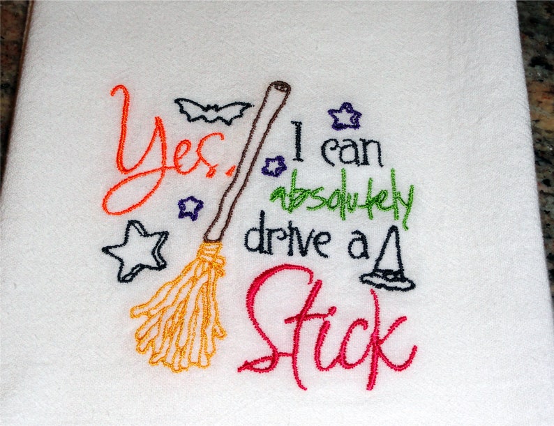 Halloween Flour Sack Towel Yes I can absolutely drive a stick Witch theme kitchen tea towel dish towel cotton Autumn witches Flying broom image 1