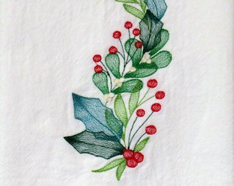 Premium quality Machine Embroidered Christmas Flour Sack TOWEL Festive HOLLY & BERRIES Spray mistletoe Tea dish, Kitchen cotton decoration