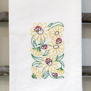 Machine Embroidered Flour Sack Towel Farmhouse LADYBUG LANDING 1 Vintage flowers, leaves, spring, gardening, Dish, Tea, Kitchen Towel