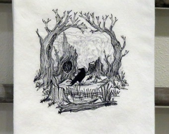 Hoge kwaliteit machinaal geborduurde meelzak handdoek HOOGSTE kwaliteit ILLUSIE SCHEDEL Halloween thee theedoek theedoek Raven Dark Woods Moon