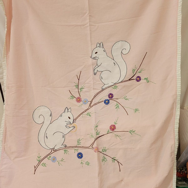 Vintage Hand Made Pink Embroidery Kitchen Dish Tea Towel Squirrels Flowers