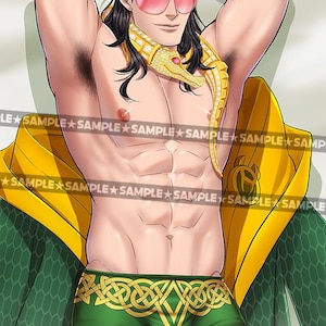 May include: Illustration of a muscular figure with long black hair and pink sunglasses, wearing a gold serpent necklace and green shorts with a gold Celtic knot design. A yellow and green cape is draped behind the figure.