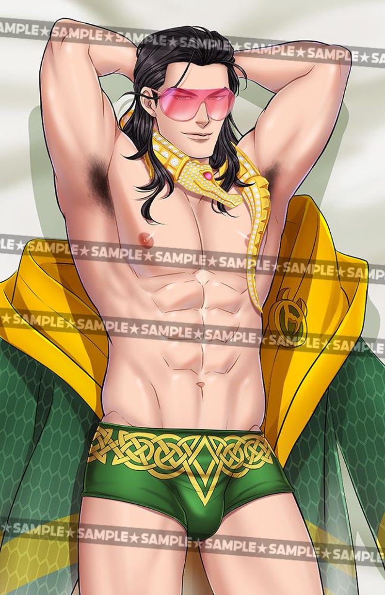 May include: Illustration of a muscular figure with long black hair and pink sunglasses, wearing a gold serpent necklace and green shorts with a gold Celtic knot design. A yellow and green cape is draped behind the figure.