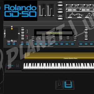 Peut inclure: Un poste de travail de musique numérique avec un clavier, intitulé "Rolando GD-50" en bleu. L'interface comprend divers contrôles, un écran et le texte "Classic Electric Piano". Une pédale est également visible.