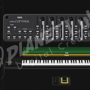 Peut inclure: Configuration de piano numérique avec un Korg Niña Control, un clavier et une pédale. Le clavier a des touches noires et blanches. Le panneau de contrôle comporte des curseurs et des boutons. Le texte "Piano Pad" est visible.