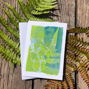 Handmade Botanical Monoprint Card – Green & Teal Gel-Plate Fern Print, Blank Greeting Card, Frameable Nature Art