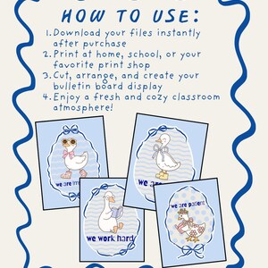 May include: A digital download featuring four blue cards with illustrations of geese. Each card has a different goose design with text: "we are important", "we are", "we work hard", and "we are patient". The image also includes instructions.
