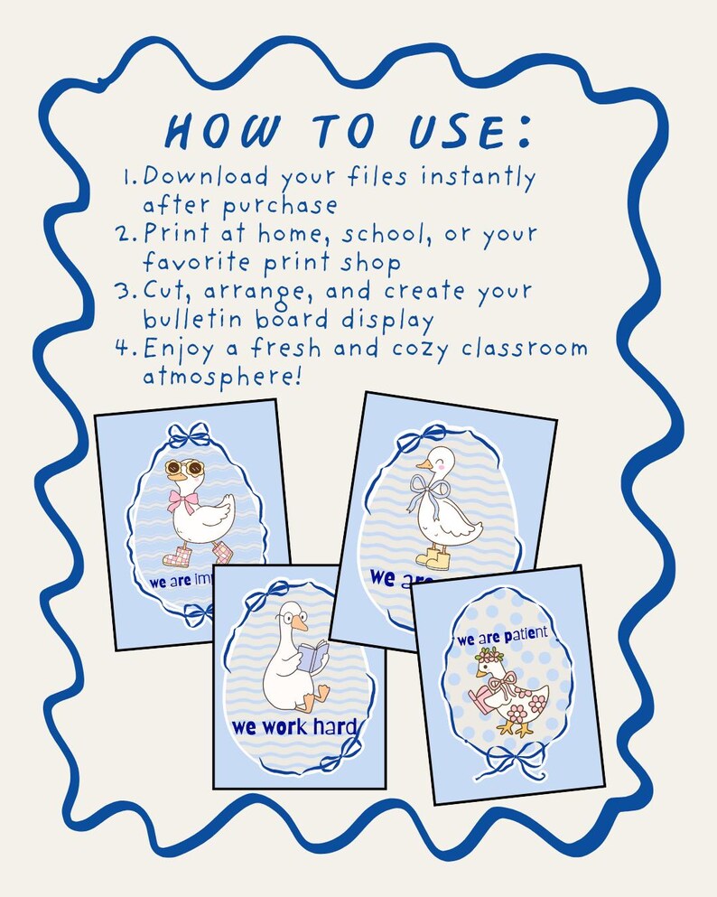 May include: A digital download featuring four blue cards with illustrations of geese. Each card has a different goose design with text: "we are important", "we are", "we work hard", and "we are patient". The image also includes instructions.