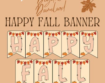 Könnte beinhalten: Herbstliches Banner mit den Worten "HAPPY FALL BANNER" in großen, genähten Buchstaben. Die Buchstaben sind mit einem Karomuster gefüllt und mit Kürbissen und Herbstblättern verziert. Die Worte "Digital Download" stehen oben.