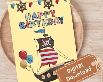 Carte d'anniversaire pirate à imprimer | Carte d'anniversaire bateau pirate pour enfants | Carte d'anniversaire nautique