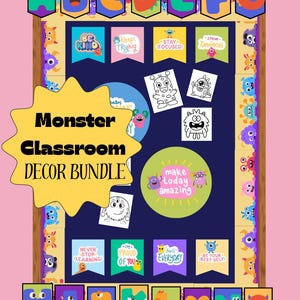 Könnte beinhalten: Ein farbenfrohes Klassenzimmer-Dekorationspaket mit Monster-Motiven. Das Bild zeigt Banner mit dem Alphabet, positiven Affirmationen und Monster-Illustrationen. Der Text "Monster Classroom Decor Bundle" ist deutlich sichtbar.