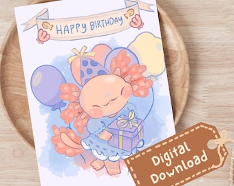 Axolotl Birthday Card Printable – Cute Ocean Animal Kids Birthday Card – Digital 5x7 DIY Card