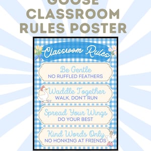May include: A classroom rules poster with a blue and white gingham background. The poster features the text "Goose Classroom Rules Poster" and "Classroom Rules." Below are four rules with illustrations of geese: "Be Gentle," "Waddle Together," "Spread Your Wings," and "Kind Words Only."