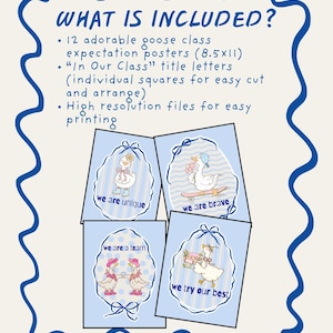 May include: A light blue poster set with a white border and a blue wavy outline. The set includes 12 goose class expectation posters, title letters, and high-resolution files. Each poster features a goose with a positive message.