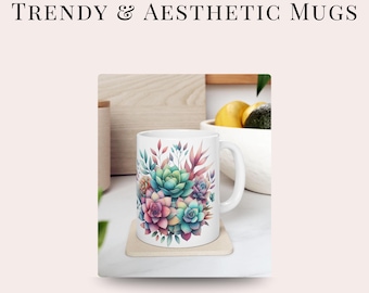 Succulent Ceramic Coffee Mug: Colorful Floral Design, Plant Lover Gift