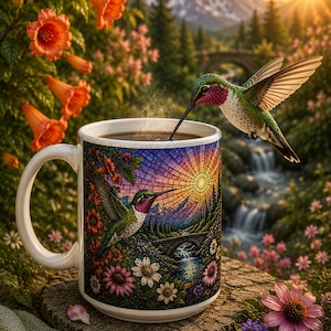 May include: A white ceramic mug featuring a vibrant stained-glass style illustration of a hummingbird, a stone bridge, and a sunset over mountains. A hummingbird hovers near the rim, while orange trumpet flowers and pink blossoms surround the mug.