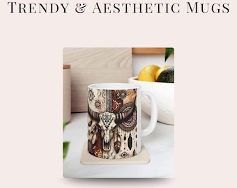 Bohemian Bull Ceramic Mug: Rustic Coffee Cup for Animal Lovers