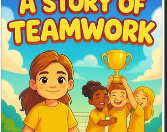 Könnte beinhalten: Illustration eines Kinderbuchcovers mit dem Titel "A Story of Teamwork". Das Bild zeigt Kinder in gelben T-Shirts und grünen Shorts, die mit einer goldenen Trophäe vor blauem Himmel feiern, zum Thema Teamwork.