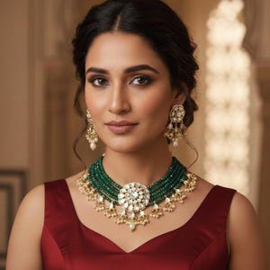 Op de afbeelding: Een vrouw draagt een groene kralenketting met een grote, ronde hanger en bijpassende oorbellen. De ketting heeft meerdere strengen groene kralen en is geaccentueerd met goudkleurige details en witte parels. De vrouw draagt een rode jurk.