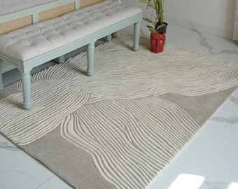 Minimalistisch handgemaakt getuft wollen vloerkleed | Neutraal abstract vloerkleed | Modern designtapijt met textuur voor woonkamer