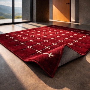 以下が含まれることがあります： 白い十字の格子模様が施された赤い正方形のラグ。ラグは部分的に丸められており、灰色の裏地が見えています。ラグはコンクリートの床に置かれ、背景には山とドアが見えます。