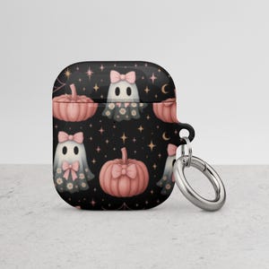 Cute Ghost & Pink Pumpkin Coquette AirPods® Case | Boujee Spooky Witchy Earbud Cover with Carabiner