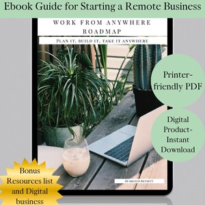 May include: An ebook guide for starting a remote business, featuring the text "Work From Anywhere Roadmap." The image includes a laptop, plants, and a drink on a wooden surface. Additional text highlights "Bonus Resources" and "Digital Business Ideas."