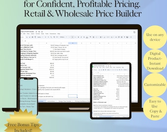 May include: A digital product mockup featuring a laptop, tablet, and smartphone displaying a Google Sheet titled "Artist's Profit Studio." The image includes text: "Editable Google Sheet for Confident, Profitable Pricing. Retail & Wholesale Price Builder."