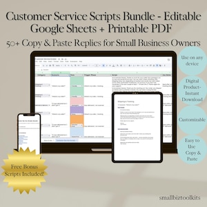 Op de afbeelding: Een digitale productbundel met klantenservicescripts voor kleine bedrijfseigenaren. De afbeelding toont een laptop, tablet en telefoon met de scripts. Tekst omvat "Bewerkbare Google Sheets + Printbare PDF" en "50+ Copy & Paste antwoorden".