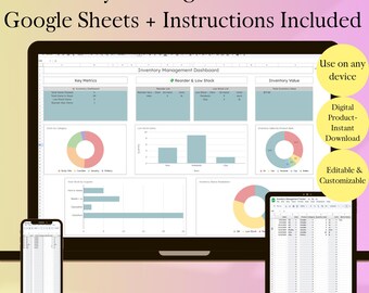 Könnte beinhalten: Ein digitaler Inventar-Management-Tracker, der auf einem Laptop, Tablet und Smartphone angezeigt wird. Der Bildschirm zeigt Diagramme und Daten mit dem Text "Inventory Management Tracker Google Sheets + Instructions Included." Zusätzlicher Text lautet "Use on any device", "Digital Product-Instant Download".