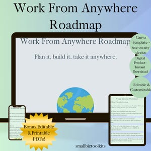 May include: A digital product mockup featuring a laptop, tablet, and smartphone displaying a "Work From Anywhere Roadmap." The design includes a globe graphic and the text "Plan it, build it, take it anywhere." Additional text highlights the product's features.