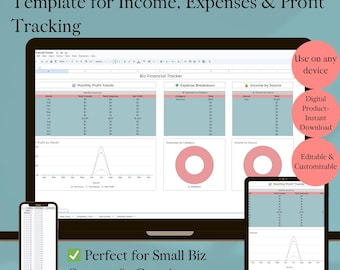 May include: A digital financial tracker template for Google Sheets, displayed on a laptop, tablet, and smartphone. The template includes sections for income, expenses, and profit tracking. Text includes "Biz Financial Hub" and "Perfect for Small Biz Owners & Creatives."