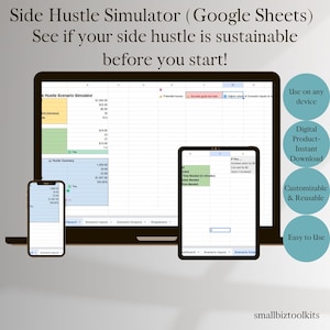 Puede incluir: Un producto digital que se muestra en una computadora portátil, tableta y teléfono inteligente, que muestra un simulador de trabajo secundario de Google Sheets. La imagen incluye el texto "Side Hustle Simulator" y destaca características como descarga instantánea y fácil de usar.
