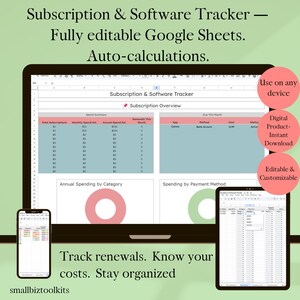 Könnte beinhalten: Ein digitaler Abonnement- und Software-Tracker, der auf einem Laptop, Tablet und Smartphone angezeigt wird. Die Tabelle zeigt Abonnementübersichten, Jahresausgaben und Zahlungsmethoden. Der Text enthält "Erneuern Sie Ihre Abonnements. Kennen Sie Ihre Kosten. Bleiben Sie organisiert."