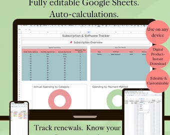 Subscription Tracker Google Sheets Template: Renewal Alerts, Cost Dashboard (Digital Download))