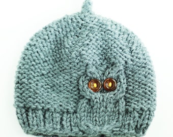 Owl Cable Knit Hat in Silver Gray