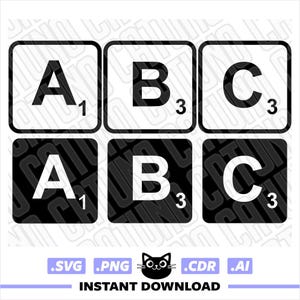 May include: Black and white Scrabble tiles with the letters A, B, and C, each with point values. The tiles are arranged in two rows of three. The bottom of the image has the words "INSTANT DOWNLOAD" and file type icons.