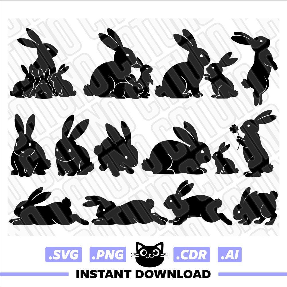 Bunny SVG Bundle | Rabbit Silhouette Set | Cute Easter Bunnies for ...