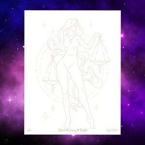 May include: A line art illustration of the Libra zodiac sign, featuring a woman holding scales. The image is in gold on a white background, with the words "Libra", "Diplomatic, Charming, Thoughtful", and "Sep 23-Oct 22" at the bottom. The background is a nebula.