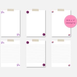 Conjuntos de papelaria floral para impressão, pautados e em branco, tamanho carta dos EUA (8,5" x 11"), três designs modernos minimalistas e bonitos (PDF), impressão