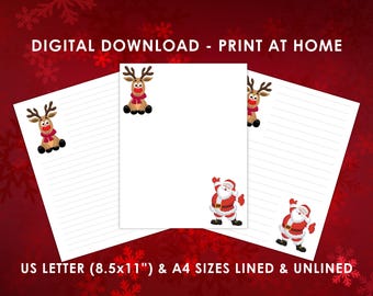 May include: Digital download of lined and unlined stationery in US Letter (8.5x11") and A4 sizes. The white paper features cartoon reindeer and Santa Claus illustrations in the corners. The text "DIGITAL DOWNLOAD - PRINT AT HOME" is at the top.
