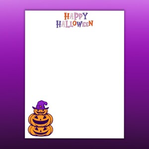 May include: White paper with a purple and orange gradient background. The words "HAPPY HALLOWEEN" are at the top in orange and purple letters. Three stacked orange jack-o'-lanterns with purple witch hats are at the bottom.