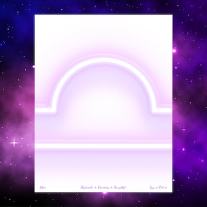 May include: A white Libra zodiac sign illustration with a neon pink outline, set against a purple and blue galaxy background. The text at the bottom reads "Libra, Diplomatic & Charming & Thoughtful, Sep 23-Oct 22."